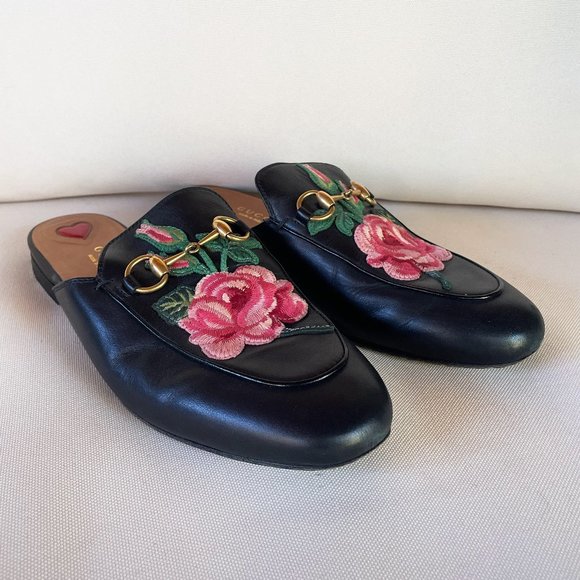 Gucci Shoes - Gucci Shoes Flower Embroidered Princetown Horsebit Detail Leather Loafer Mules